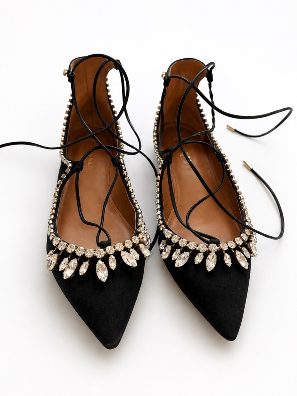 Aquazzura Black Crystal-Embellished Lace-Up Pointed Flats